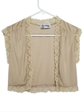 🟢2633 * Trolley Car Vintage Bolero Shrug Lace Trim Bed Jacket Tan Size Unknown